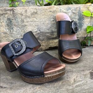 Dansko Black Leather Buckle Platform Heels, Size 36/6.5